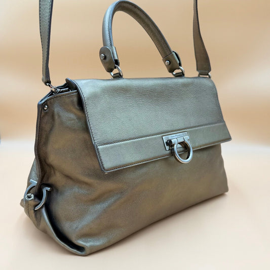 Authentic Ferragamo Sofia Gancini Metallic Leather Satchel Shoulder Bag Large