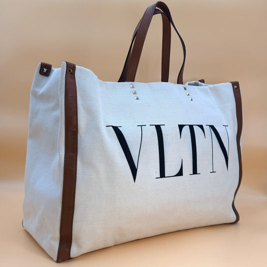 Authentic Valentino Garavani Rockstud Tote Bag Canvas & Leather | Ivory/Brown
