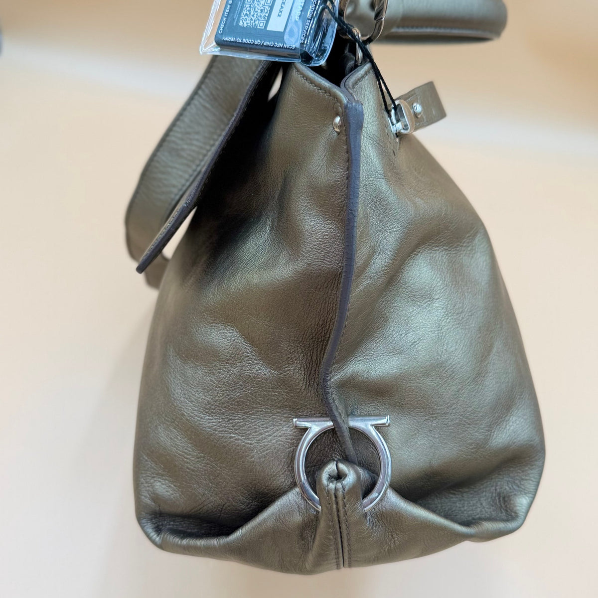 Authentic Ferragamo Sofia Gancini Metallic Leather Satchel Shoulder Bag Large