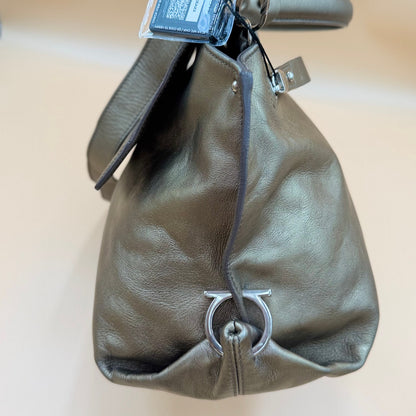 Authentic Ferragamo Sofia Gancini Metallic Leather Satchel Shoulder Bag Large
