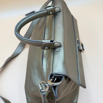 Authentic Ferragamo Sofia Gancini Metallic Leather Satchel Shoulder Bag Large