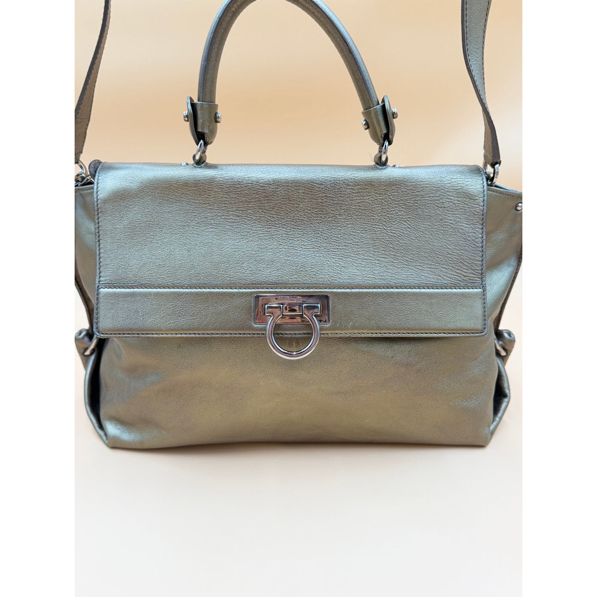 Authentic Ferragamo Sofia Gancini Metallic Leather Satchel Shoulder Bag Large