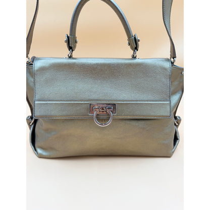 Authentic Ferragamo Sofia Gancini Metallic Leather Satchel Shoulder Bag Large