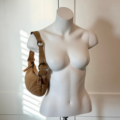 Y2k Coach Soho Suede Hobo Shoulder Bag Camel Tan Leather Trim Brass Hardware