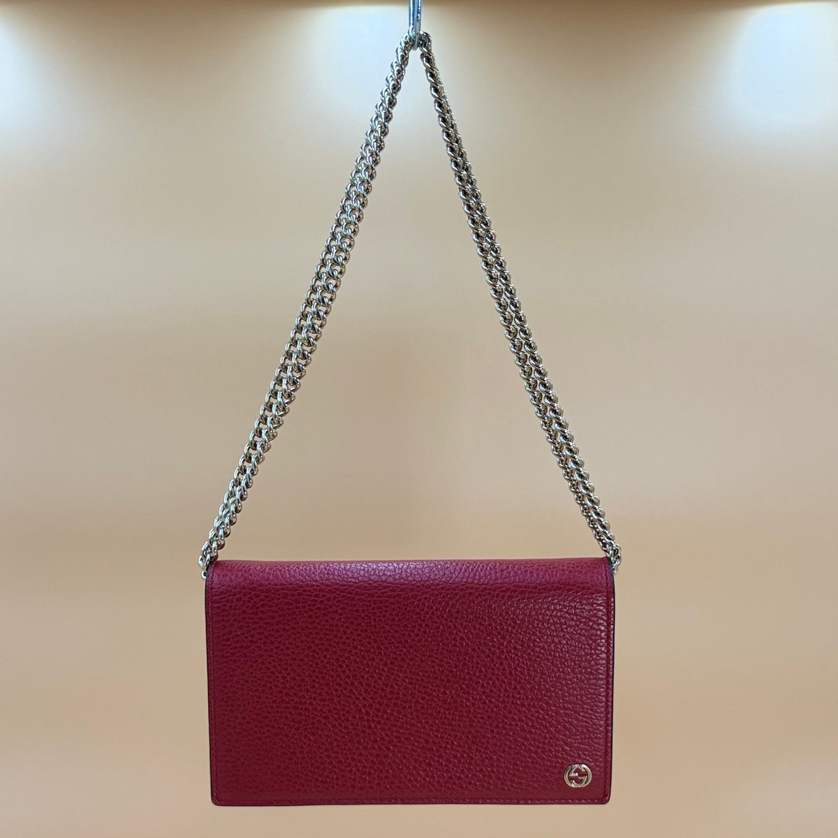Authentic Gucci Interlocking G Chain Wallet – Red Pebbled Leather | 2-Way |