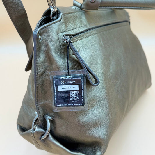 Authentic Ferragamo Sofia Gancini Metallic Leather Satchel Shoulder Bag Large