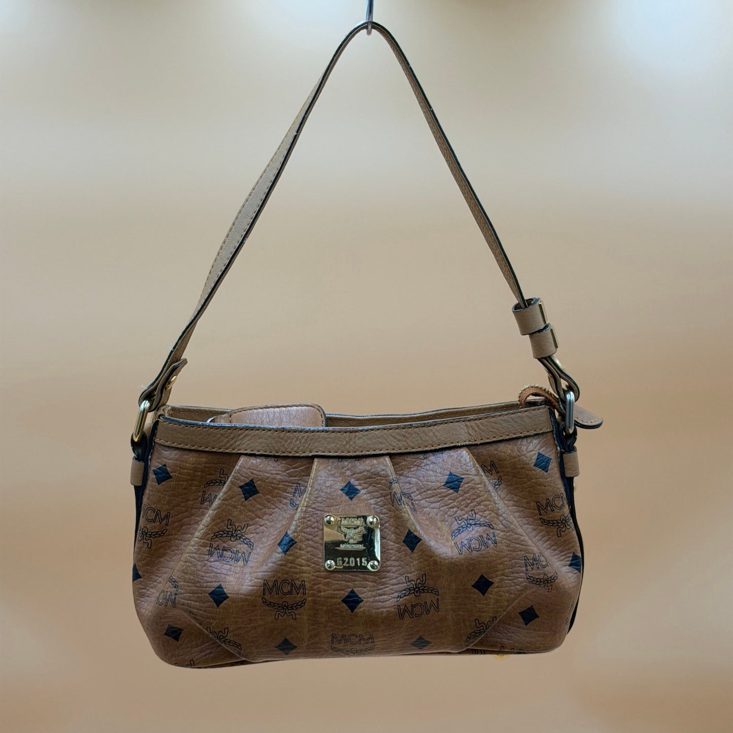 MCM Visetos Cognac Coated Canvas Shoulder Bag – Classic Monogram Mini Hobo Bag
