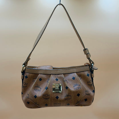 MCM Visetos Cognac Coated Canvas Shoulder Bag – Classic Monogram Mini Hobo Bag
