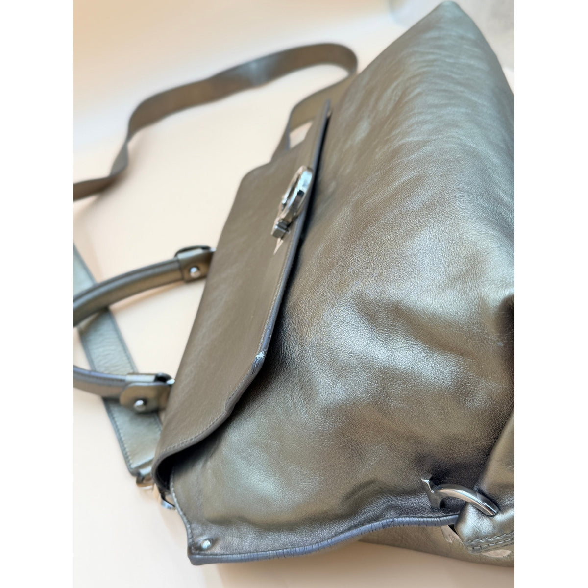 Authentic Ferragamo Sofia Gancini Metallic Leather Satchel Shoulder Bag Large