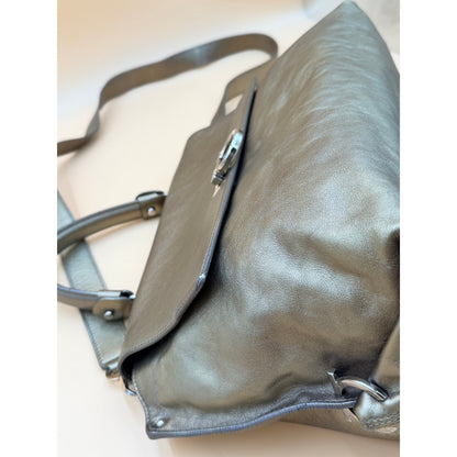 Authentic Ferragamo Sofia Gancini Metallic Leather Satchel Shoulder Bag Large