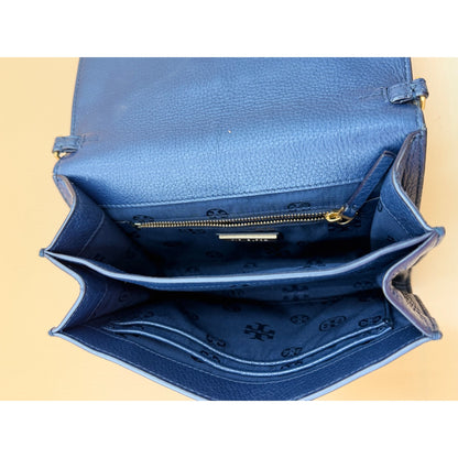 Tory Burch Royal Blue Pebbled Leather Crossbody Flap Bag Gold Tone Adjustable Strap