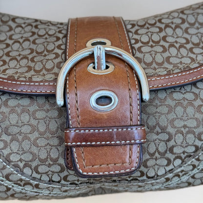 Coach Signature Canvas Flap Shoulder Bag with Buckle Accent – Khaki & Brown