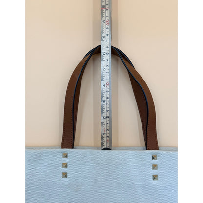 Authentic Valentino Garavani Rockstud Tote Bag Canvas & Leather | Ivory/Brown