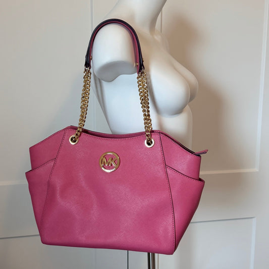 Michael Kors Jet Set Travel Large Chain Tote Tulip Pink Saffiano Leather Bag NWT