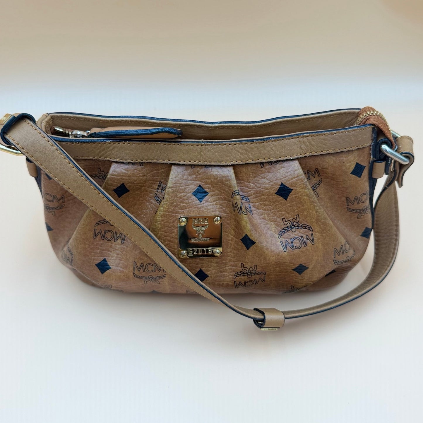 MCM Visetos Cognac Coated Canvas Shoulder Bag – Classic Monogram Mini Hobo Bag