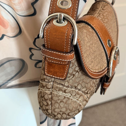 Coach Signature Canvas Flap Shoulder Bag with Buckle Accent – Khaki & Brown