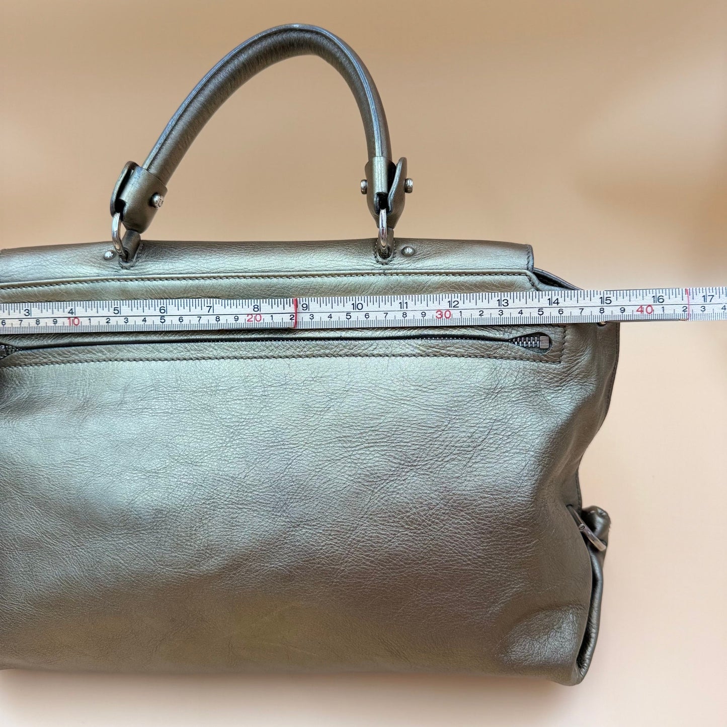 Authentic Ferragamo Sofia Gancini Metallic Leather Satchel Shoulder Bag Large