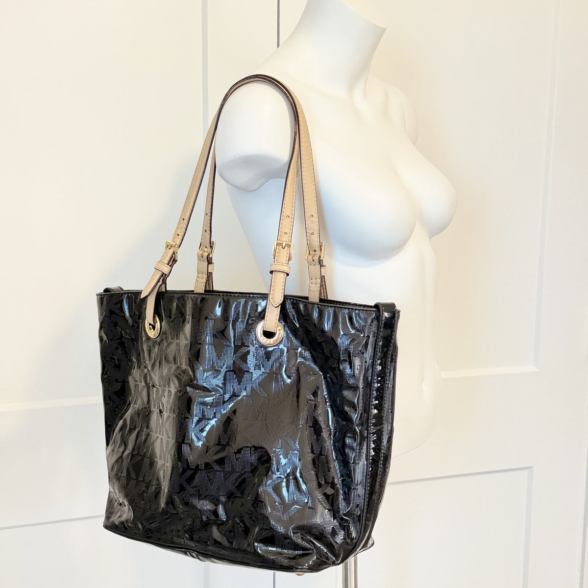 Michael Kors Black Patent MK Logo Tote Shoulder Bag White Leather Straps