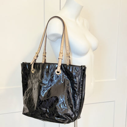 Michael Kors Black Patent MK Logo Tote Shoulder Bag White Leather Straps
