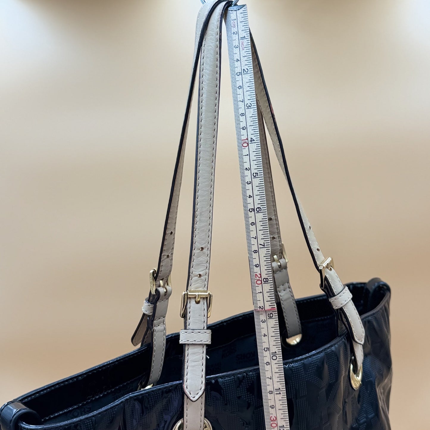 Michael Kors Black Patent MK Logo Tote Shoulder Bag White Leather Straps