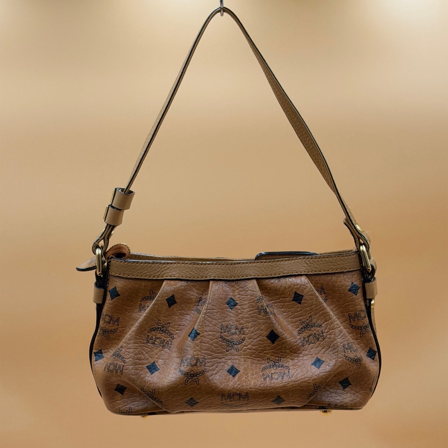MCM Visetos Cognac Coated Canvas Shoulder Bag – Classic Monogram Mini Hobo Bag