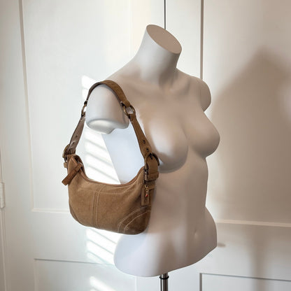 Y2k Coach Soho Suede Hobo Shoulder Bag Camel Tan Leather Trim Brass Hardware