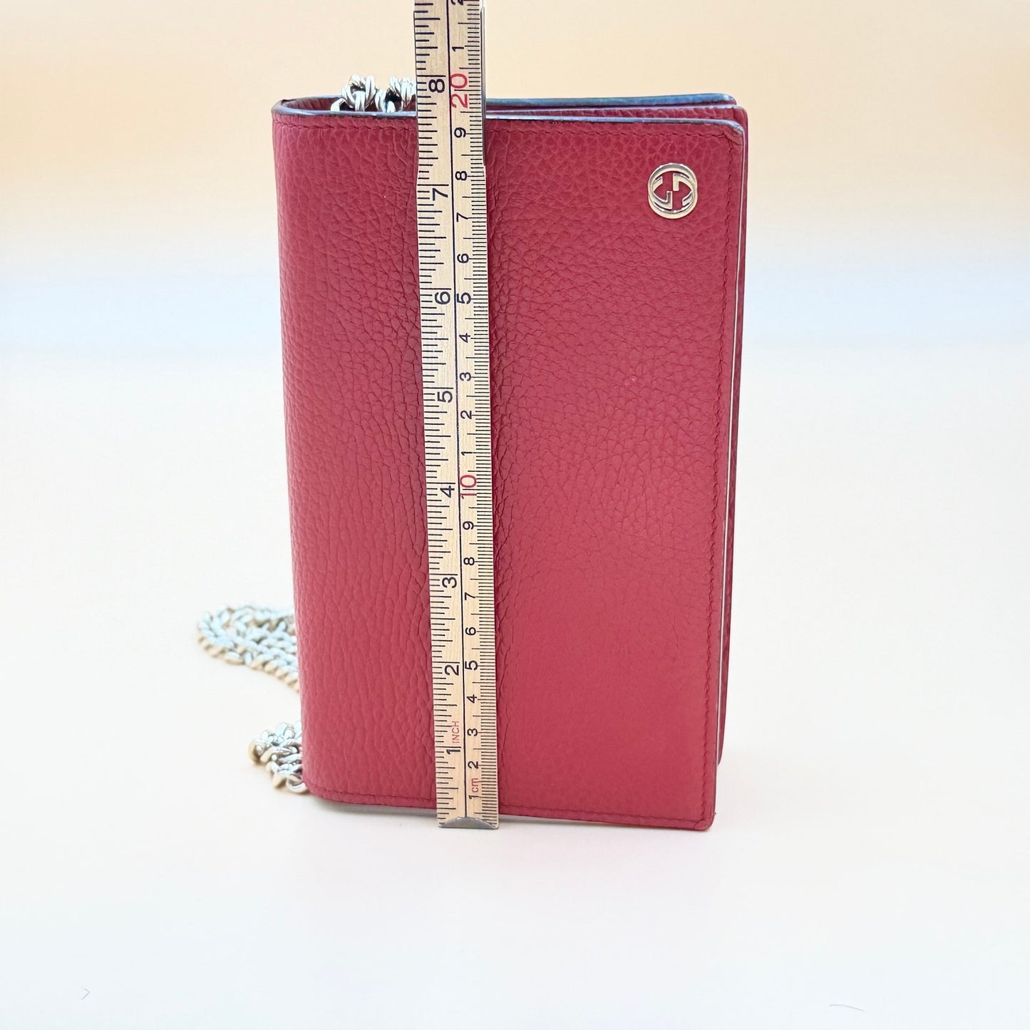 Authentic Gucci Interlocking G Chain Wallet – Red Pebbled Leather | 2-Way |
