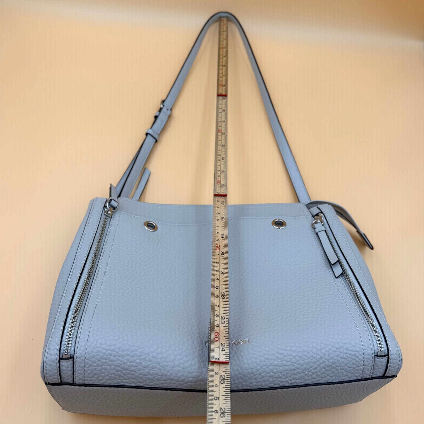 Calvin Klein Pebbled Leather Triple Zip Shoulder Tote Satchel Handbag Gray Silver