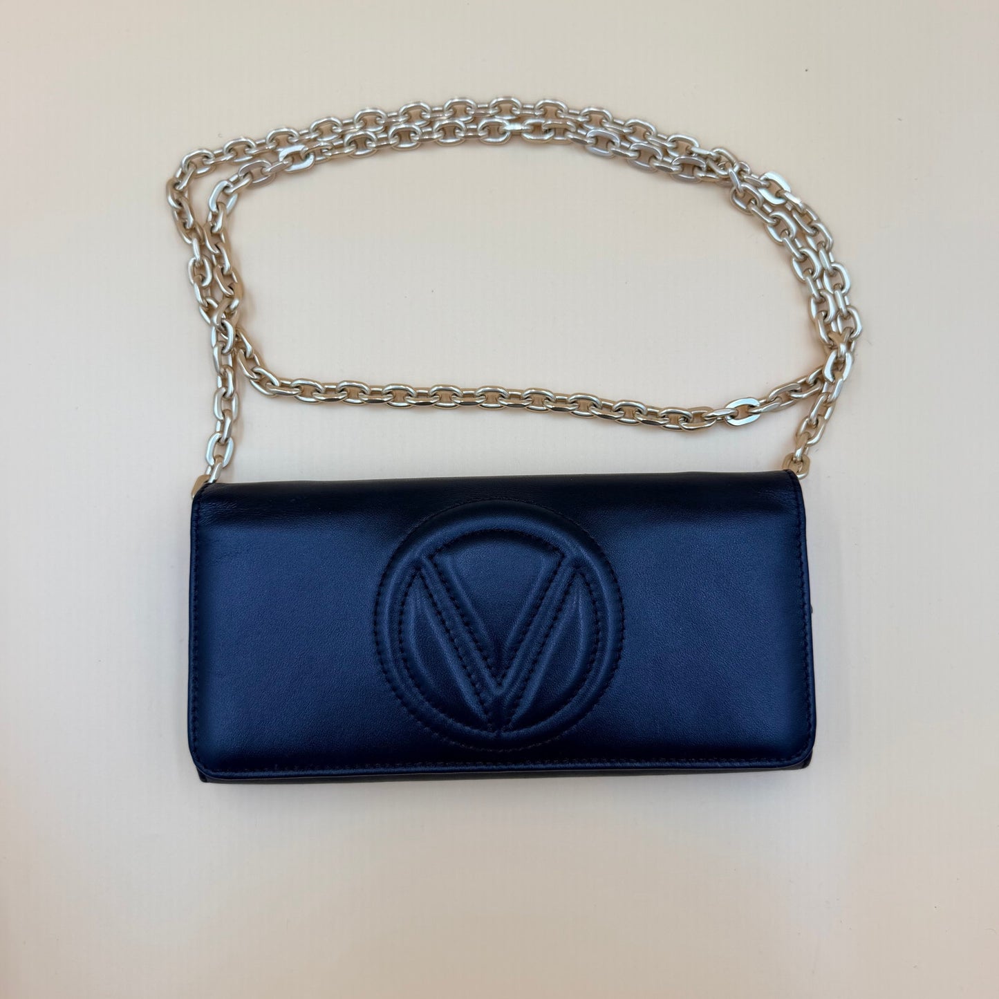 Valentino by Mario Valentino Black Leather Wallet on Chain WOC Crossbody Gold Chain