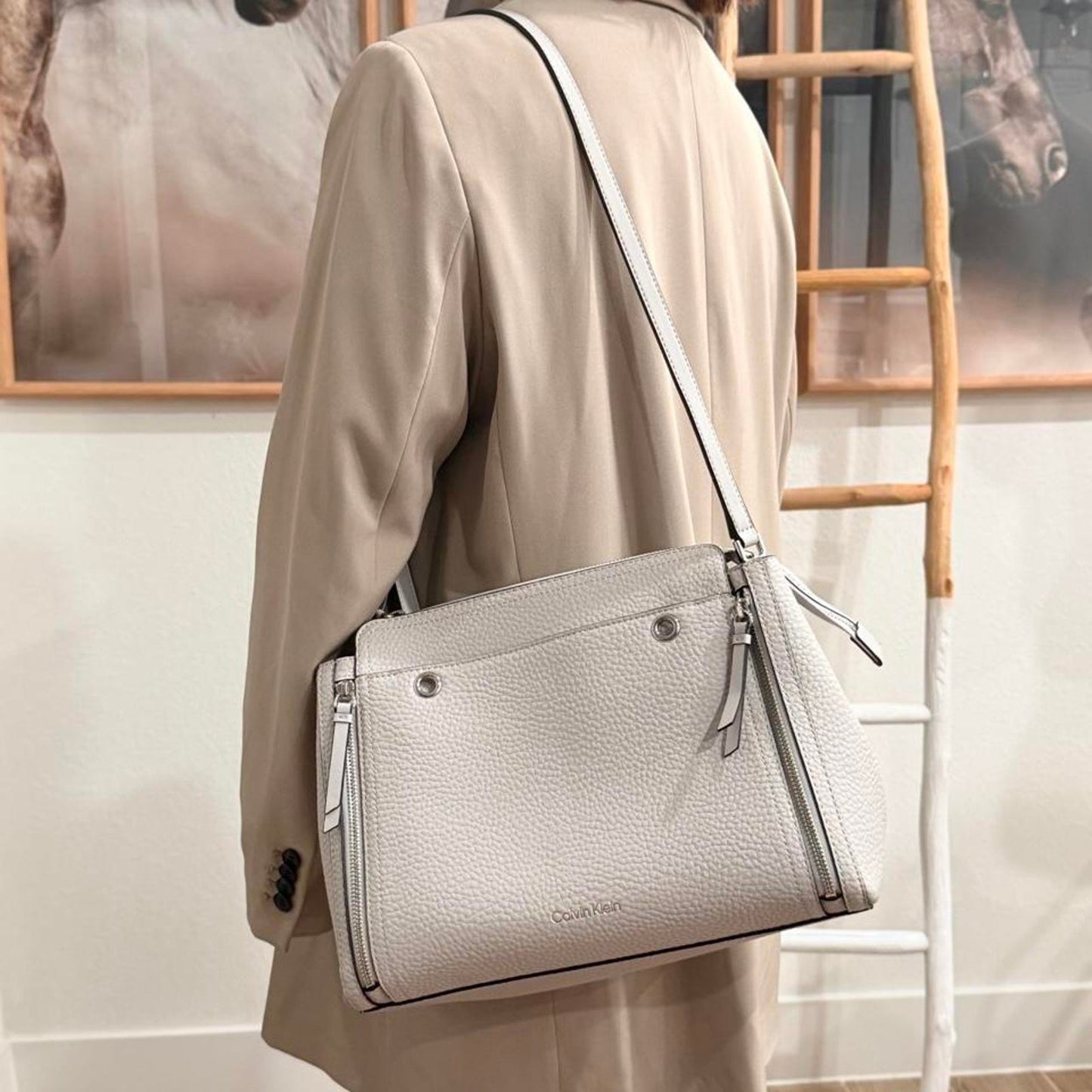 Calvin Klein Pebbled Leather Triple Zip Shoulder Tote Satchel Handbag Gray Silver