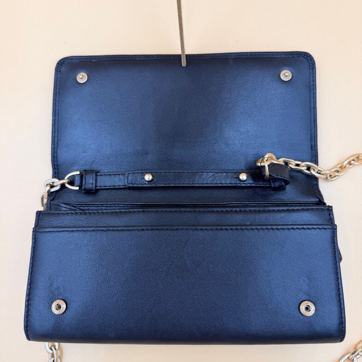 Valentino by Mario Valentino Black Leather Wallet on Chain WOC Crossbody Gold Chain