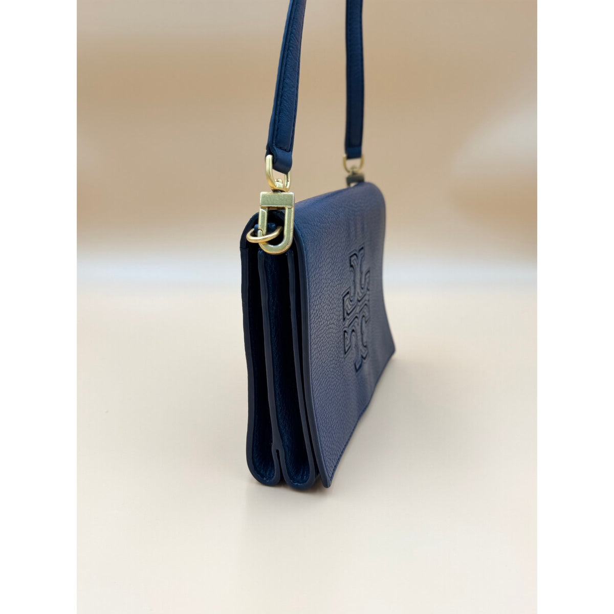 Tory Burch Royal Blue Pebbled Leather Crossbody Flap Bag Gold Tone Adjustable Strap