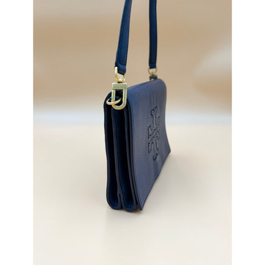 Tory Burch Royal Blue Pebbled Leather Crossbody Flap Bag Gold Tone Adjustable Strap