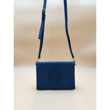 Tory Burch Royal Blue Pebbled Leather Crossbody Flap Bag Gold Tone Adjustable Strap
