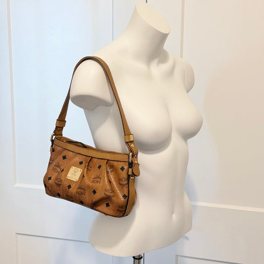 MCM Visetos Cognac Coated Canvas Shoulder Bag – Classic Monogram Mini Hobo Bag