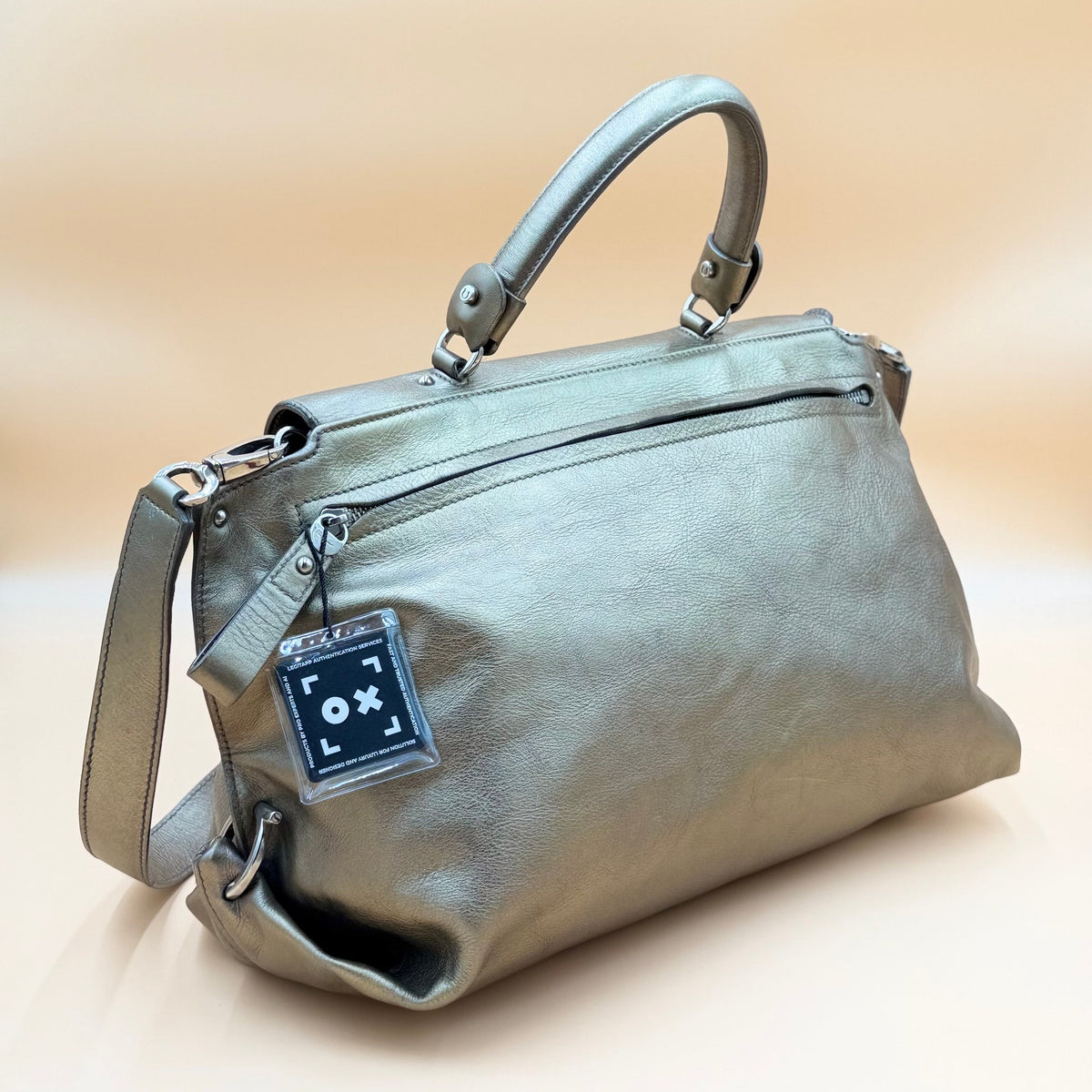 Authentic Ferragamo Sofia Gancini Metallic Leather Satchel Shoulder Bag Large