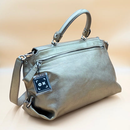 Authentic Ferragamo Sofia Gancini Metallic Leather Satchel Shoulder Bag Large
