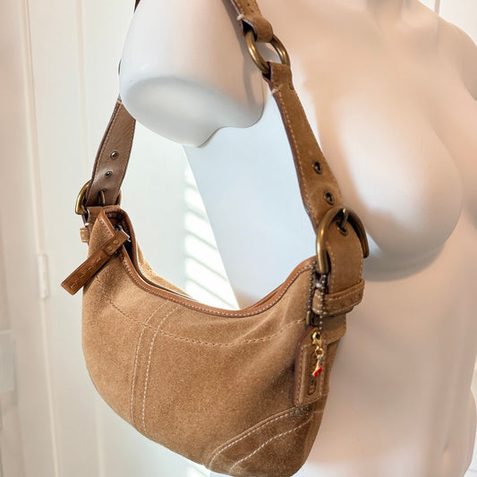 Y2k Coach Soho Suede Hobo Shoulder Bag Camel Tan Leather Trim Brass Hardware