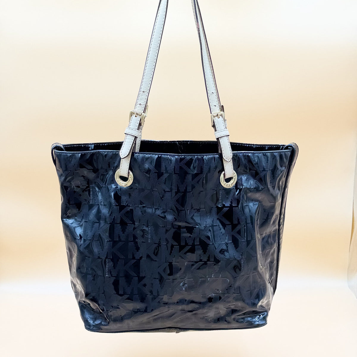 Michael Kors Black Patent MK Logo Tote Shoulder Bag White Leather Straps
