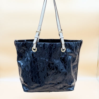 Michael Kors Black Patent MK Logo Tote Shoulder Bag White Leather Straps