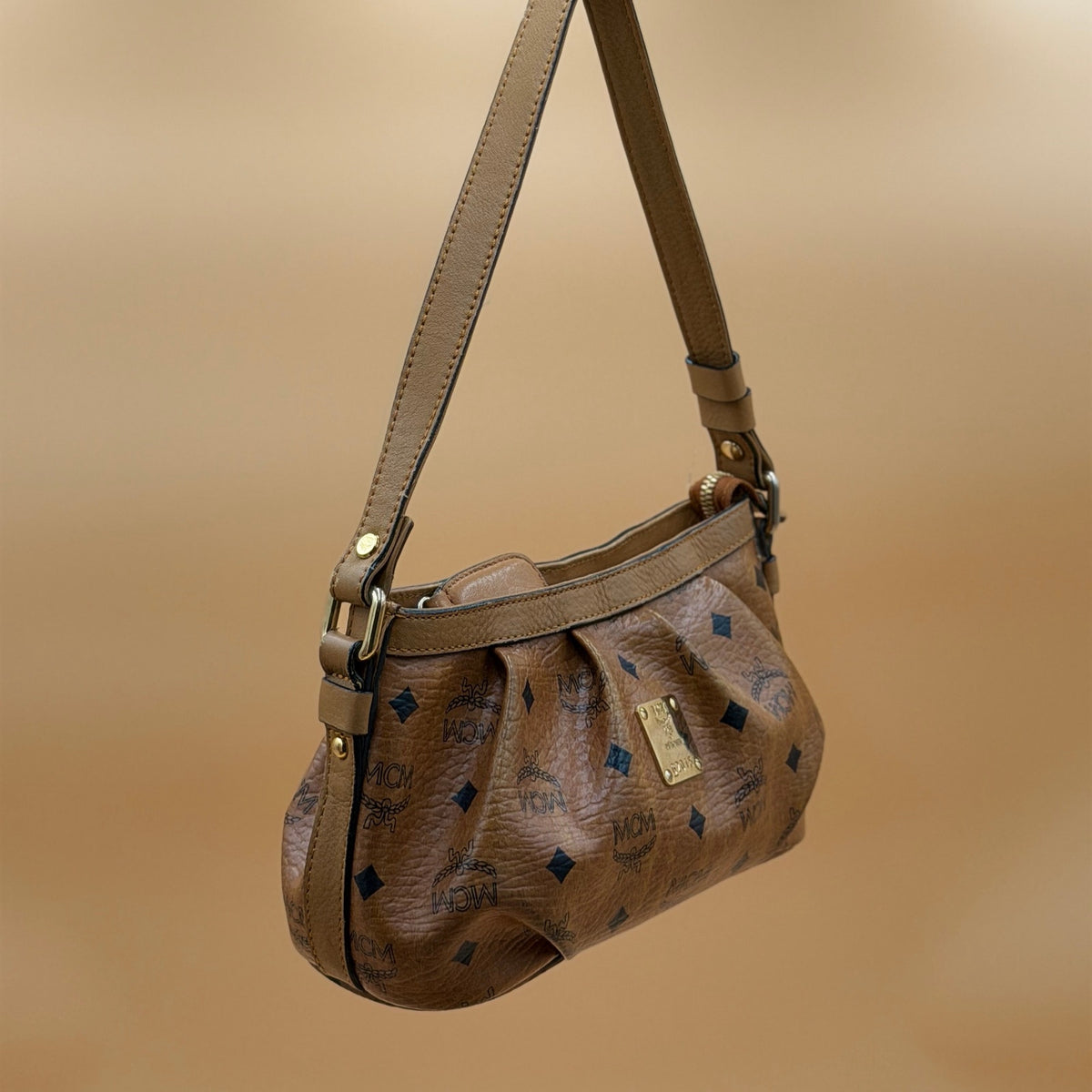 MCM Visetos Cognac Coated Canvas Shoulder Bag – Classic Monogram Mini Hobo Bag