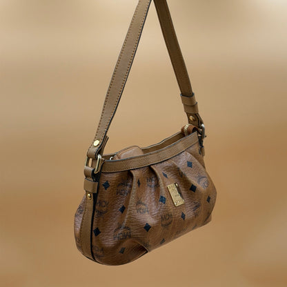 MCM Visetos Cognac Coated Canvas Shoulder Bag – Classic Monogram Mini Hobo Bag