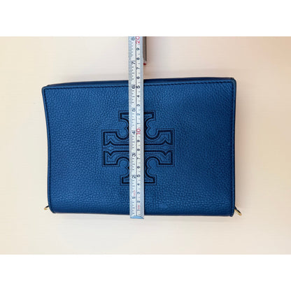 Tory Burch Royal Blue Pebbled Leather Crossbody Flap Bag Gold Tone Adjustable Strap