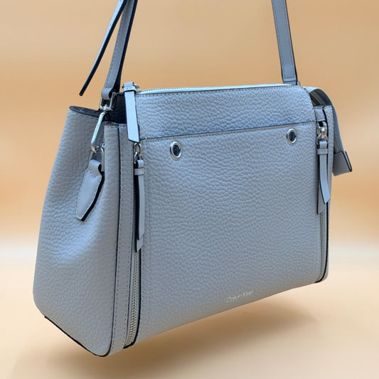 Calvin Klein Pebbled Leather Triple Zip Shoulder Tote Satchel Handbag Gray Silver