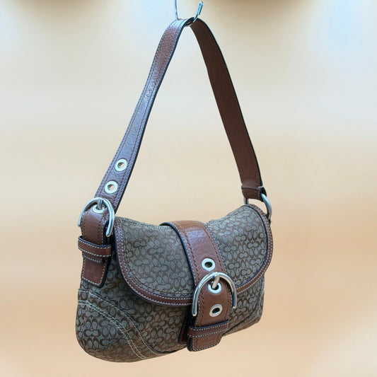 Coach Signature Canvas Flap Shoulder Bag with Buckle Accent – Khaki & Brown
