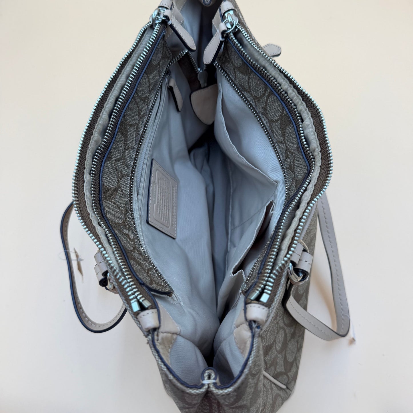 Calvin Klein Pebbled Leather Triple Zip Shoulder Tote Satchel Handbag Gray Silver