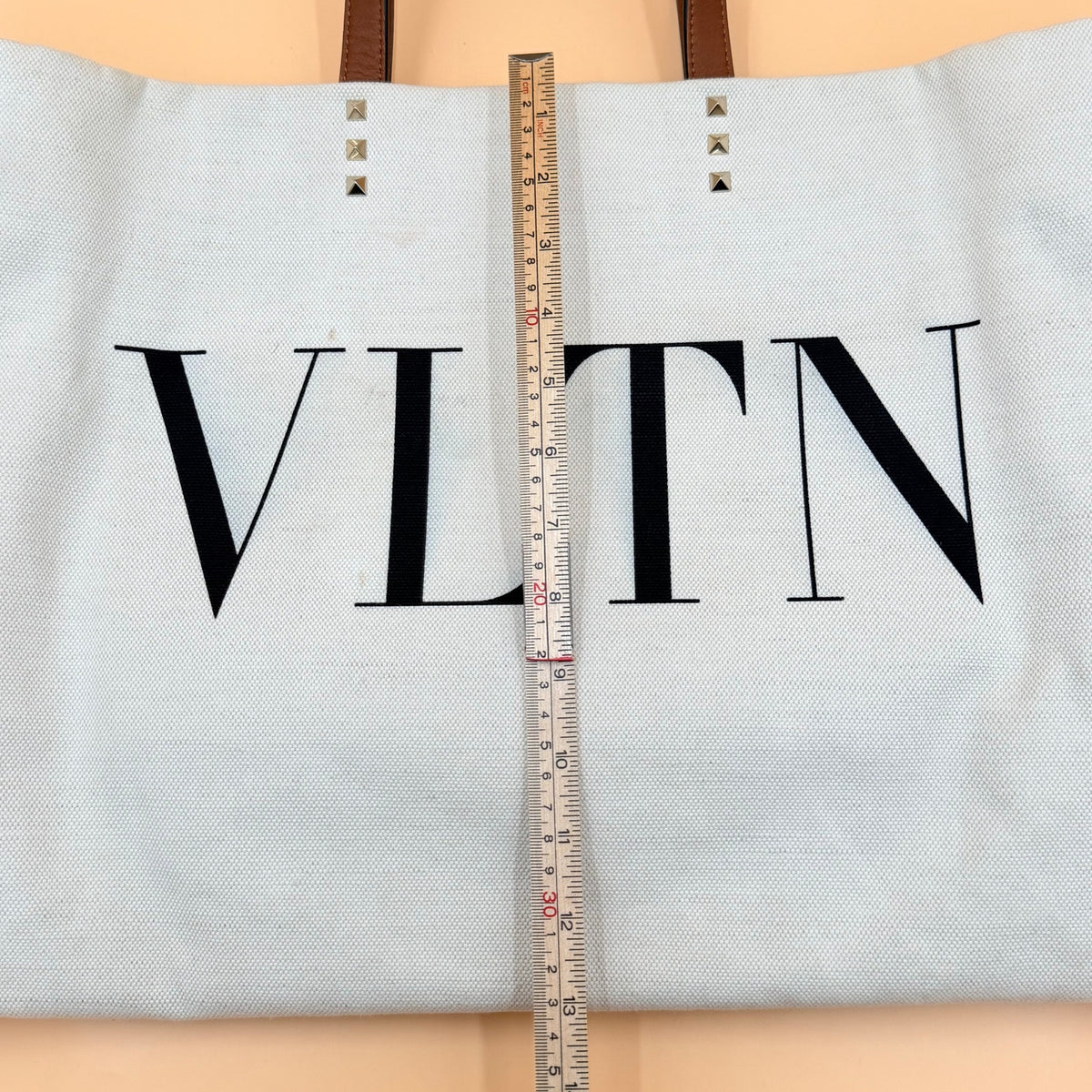 Authentic Valentino Garavani Rockstud Tote Bag Canvas & Leather | Ivory/Brown