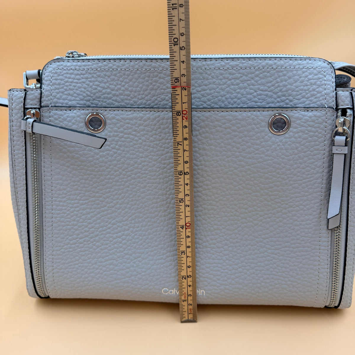 Calvin Klein Pebbled Leather Triple Zip Shoulder Tote Satchel Handbag Gray Silver