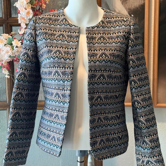 0098 Tahari black, white, and beige geometric patterned elegant boho jacket