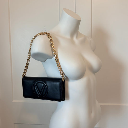 Valentino by Mario Valentino Black Leather Wallet on Chain WOC Crossbody Gold Chain